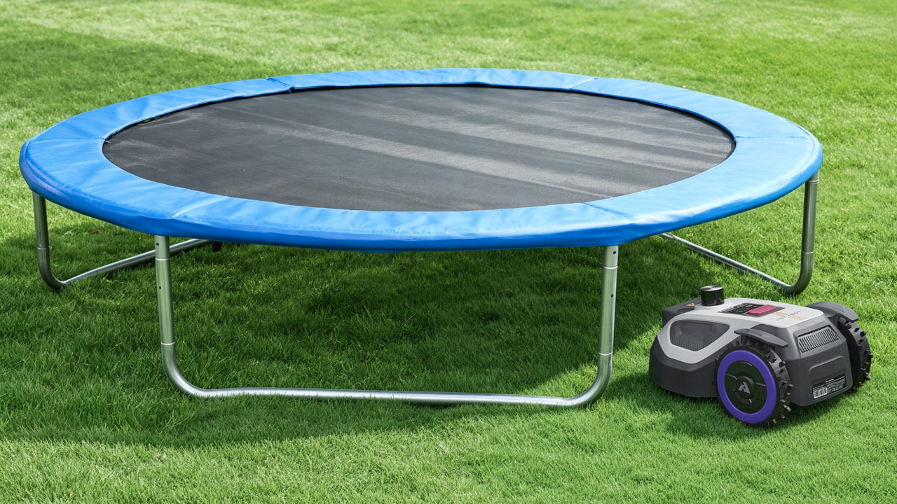 ANTHBOT M9 Pro Robot Lawn Mower - beneath the trampoline