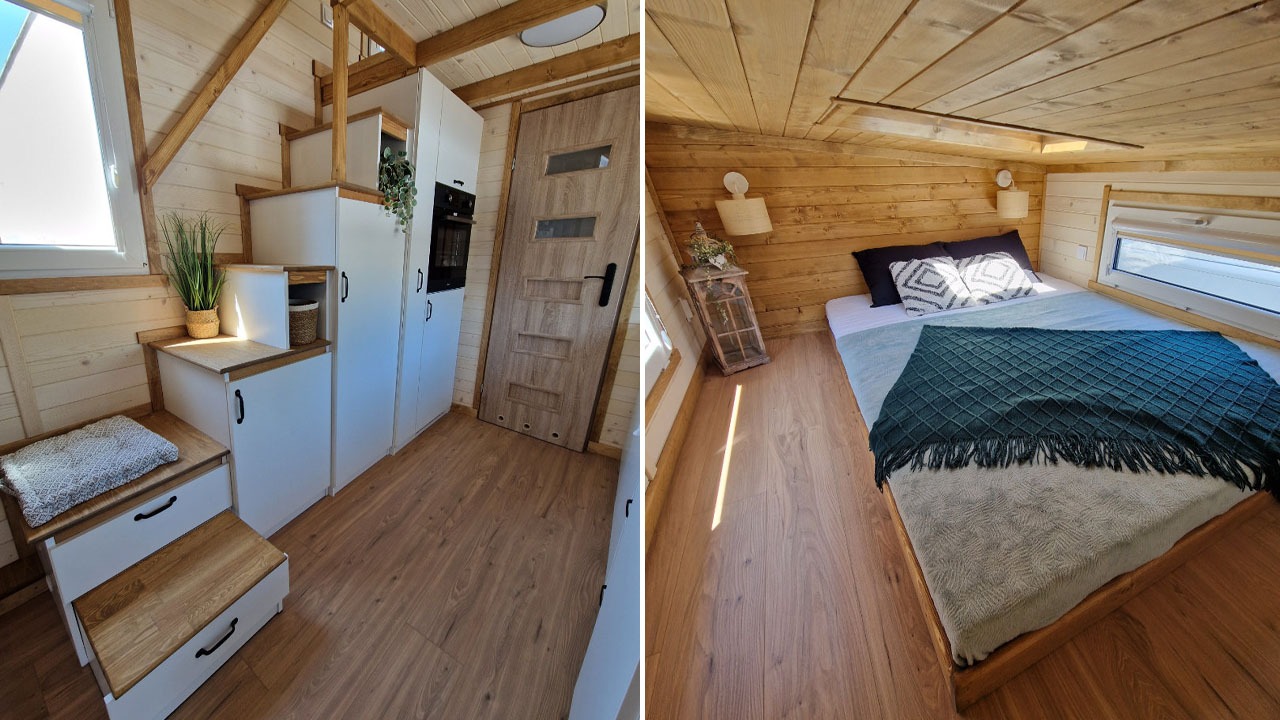Anna tiny House-staircase and primary loft bedroom