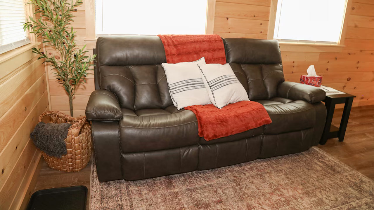Aspen Tiny House- cozy reclining sofa set in living room