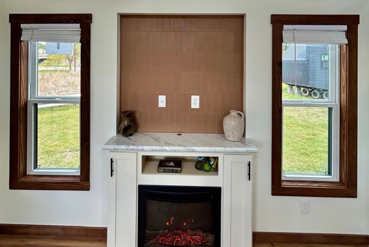 Fireplace of Austin tiny house on wheels