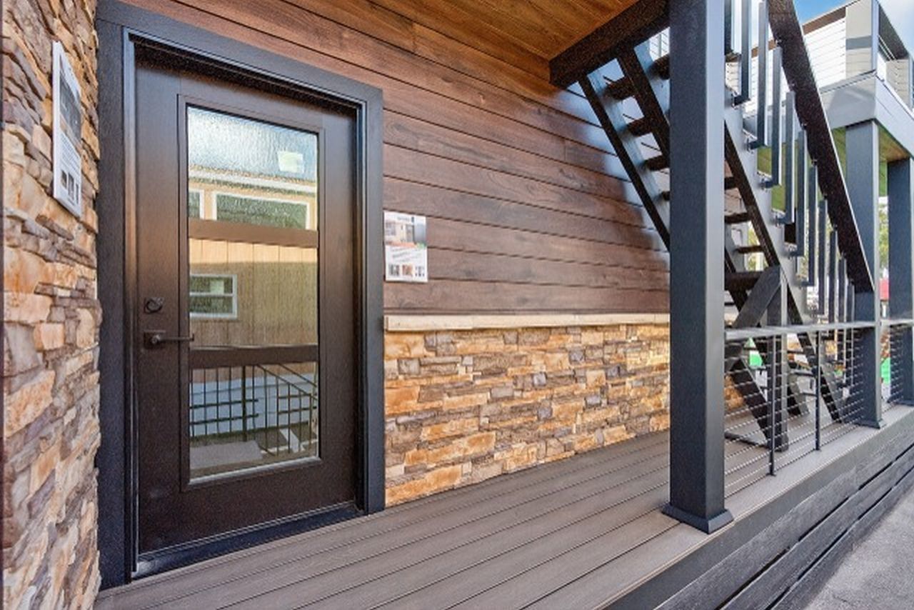 Front door of Bungalow tiny home Park Model