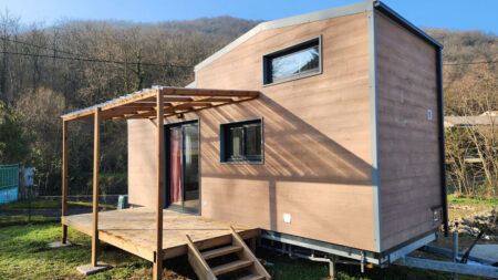 Camille Tiny House Features Detachable Deck, Awning and Spacious Mezzanine Camille Tiny House Packs 108 sq. ft. Covered Outdoor Terrace and Spacious Mezzanine in Storage-Efficient Layout