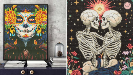 Michaels Halloween Diamond Art Kits are Here to Kick-off Spooky Season on Right Note Day of the Dead Woman Glow in the Dark Diamond Art Kit and Skeleton Lovers Diamond Art Kit