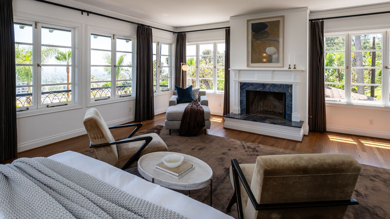 Helen Mirren’s Hollywood Hills Estate-bedroom with fireplace