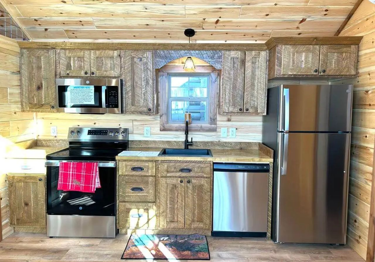 Countertop and Cabinets of Kitchen view of Lake Tahoe Tiny House