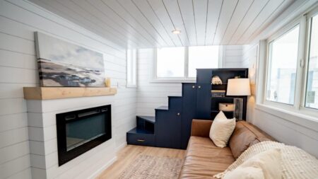 Two-Bedroom Laurel Tiny House Flaunts Rare Features Like Bathtub and Electric Fireplace Laurel tiny house in Alberta