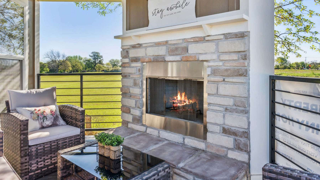 Liberty Landing Tiny House Park Model fireplace