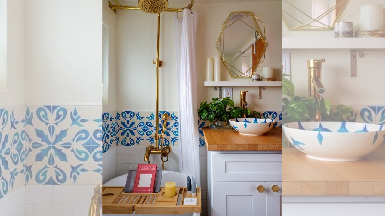 Moroccan Tiny House_Bathroom with hand-painted tile work, soaking bathtub, and bronze fittings