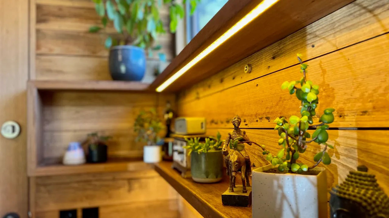 Off-grid sustainable tiny house-LED lighting-equipped storage
