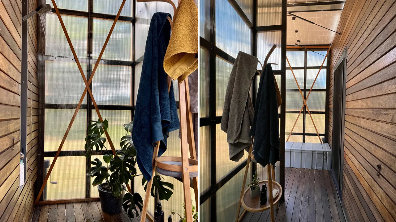 Off-grid sustainable tiny house-deck bathroom