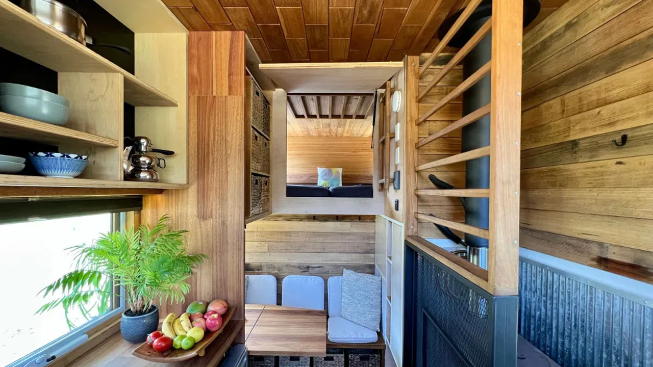 Off-grid sustainable tiny house-storage efficient interior