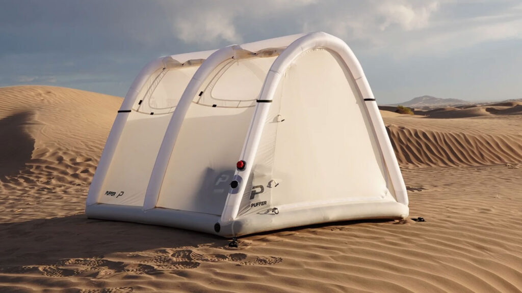 Puffer Tent Features Separate Inflatable Base and Structural Frame in white