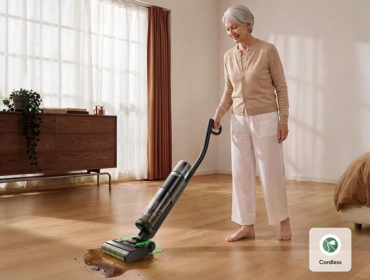 Old woman operating Roomba Electro Plus 5-in-1 Disinfecting Hard Floor Cleaner