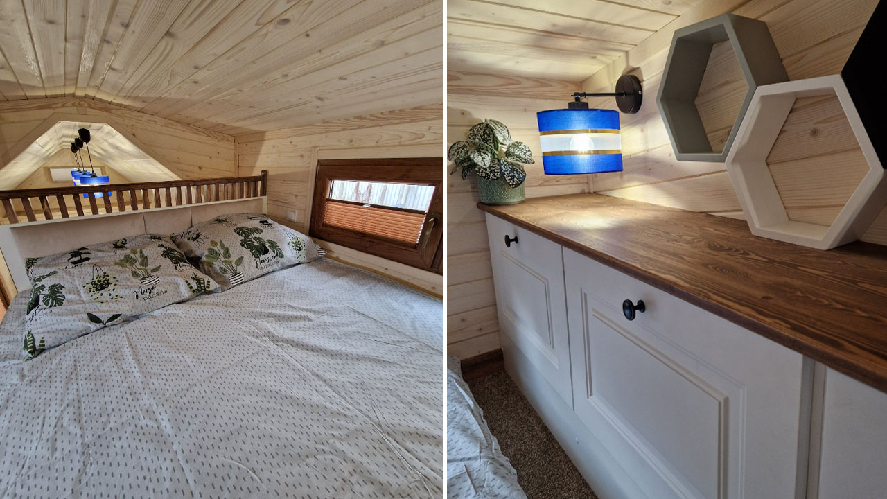 Rosa Tiny House-loft bedroom and storage cabinets