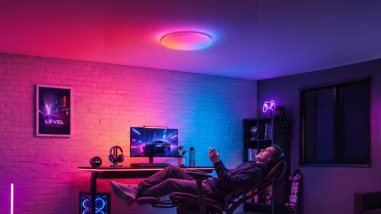 SwitchBot Matter-Enabled RGBICWW Ceiling Light with gradient effects in a gaming room