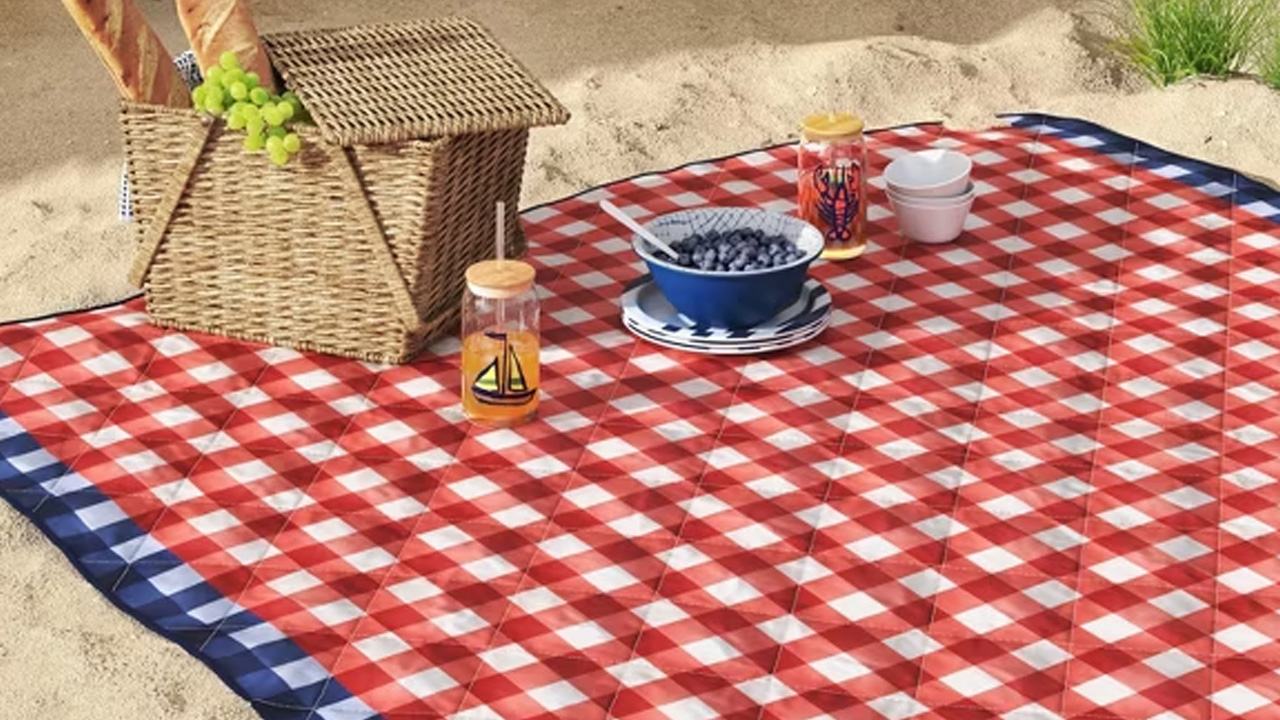 Gingham Portable Picnic Blanket Red