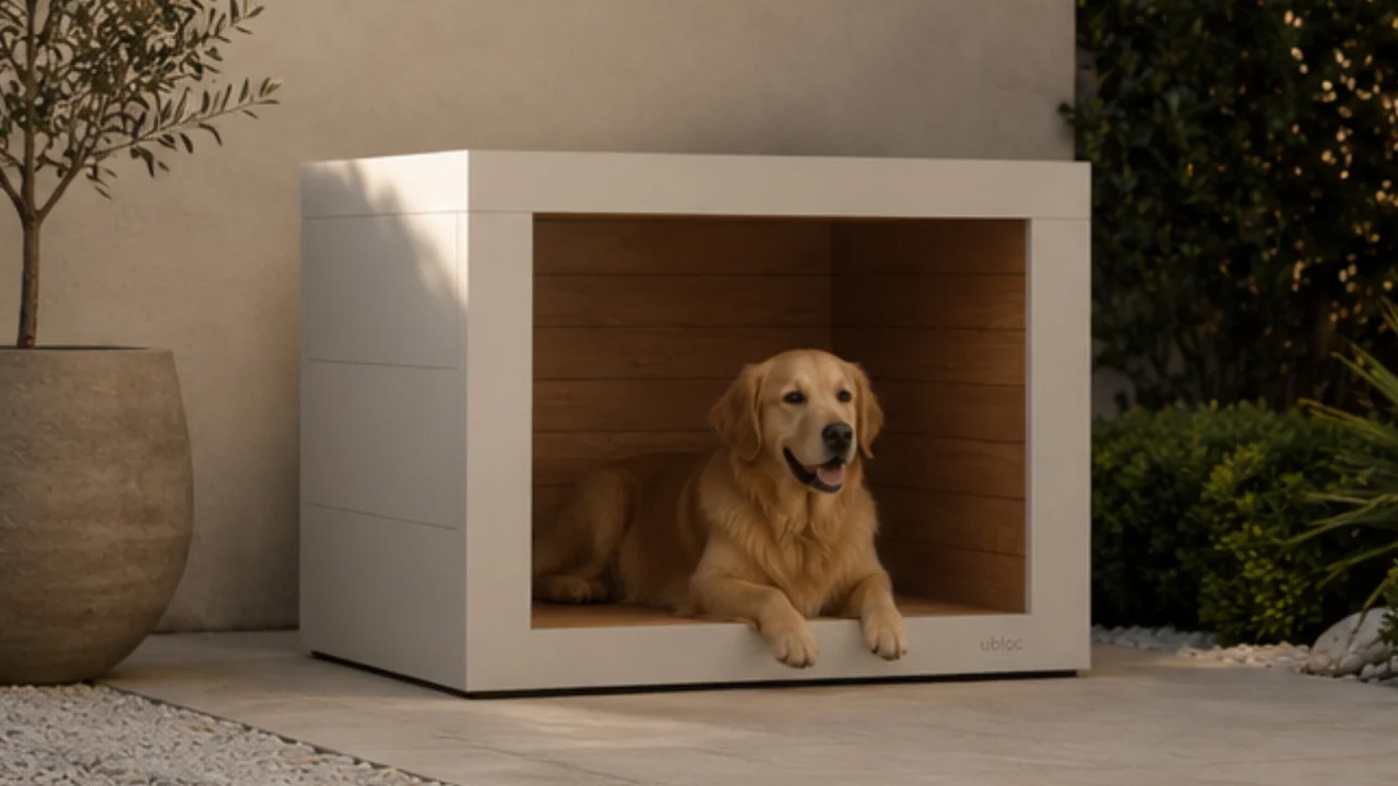 Ubloc dog shelter is crafted from weather-resistant materials