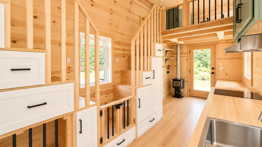 This Scandinavian-Style Tiny House Integrates a pet Kennel and a Safety Gate in Dual Staircase with Built-in Storage
