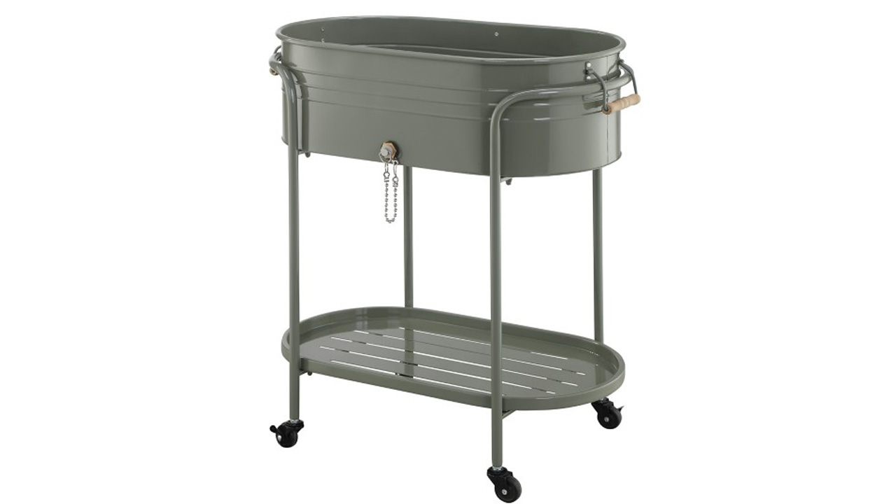Tractor Supply Red Shed Ice Bucket Stand with Bottle Opener Has Four Casters for Effortless Mobility