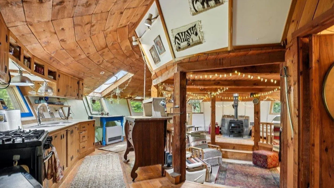 UFO-shaped dreamy rustic cabin-fairytale interior