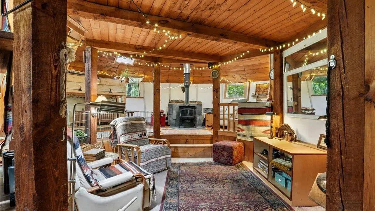 UFO-shaped dreamy rustic cabin-whimsical living room