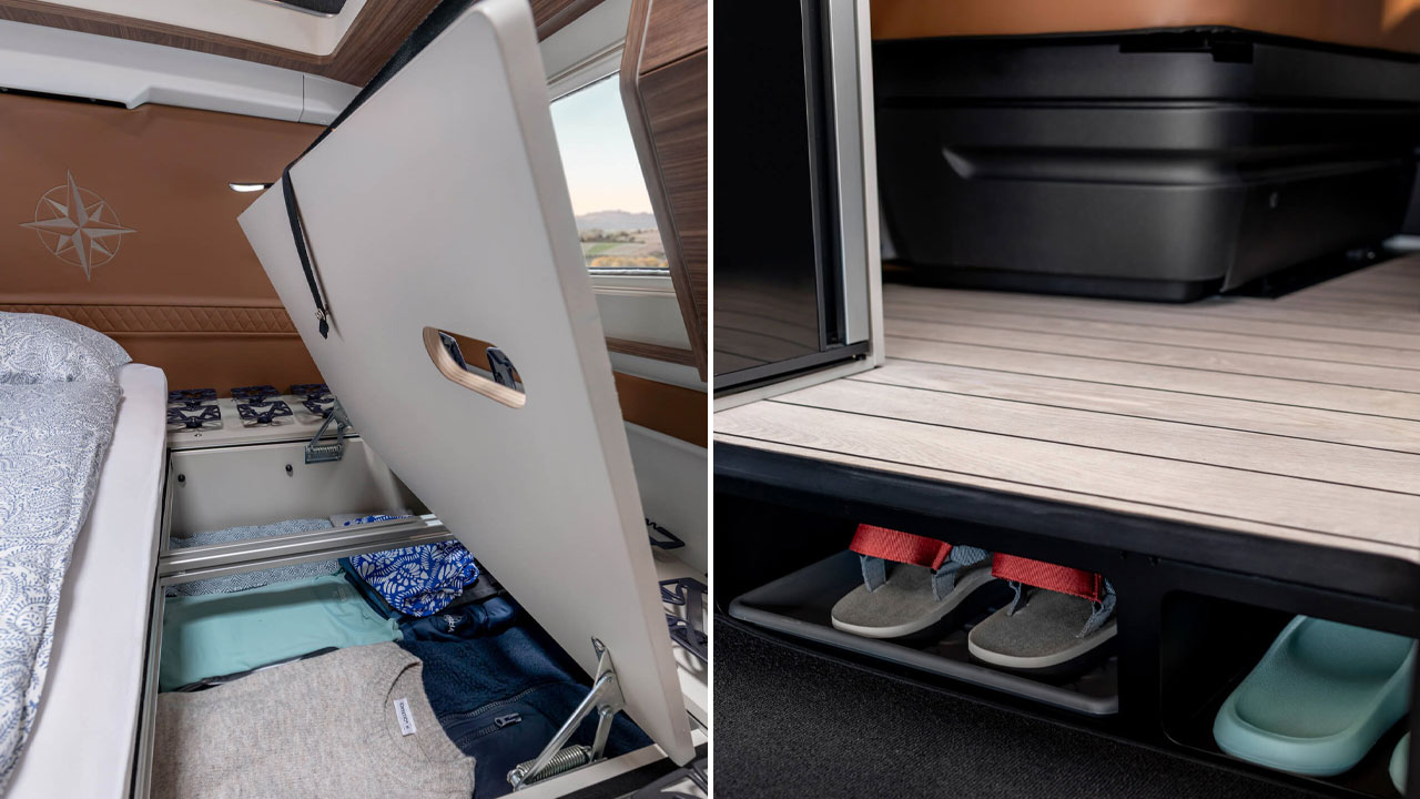 Westfalia Columbus Liner Luxury Camper Van Features Rooftop Terrace Accessed from Bedroom - built-in storage