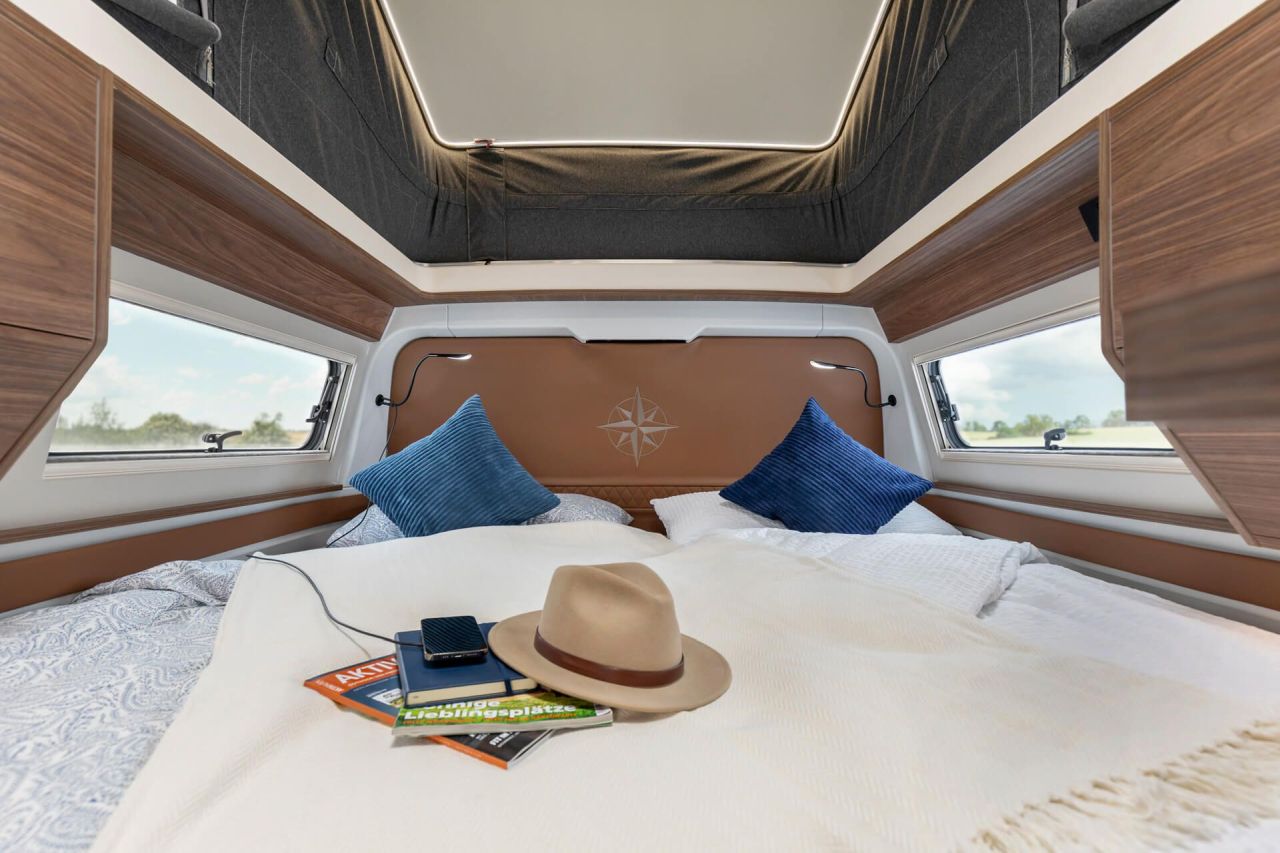 Westfalia Columbus Liner Luxury Camper Van Features Rooftop Terrace Accessed from Bedroom - main sleeping area in rear