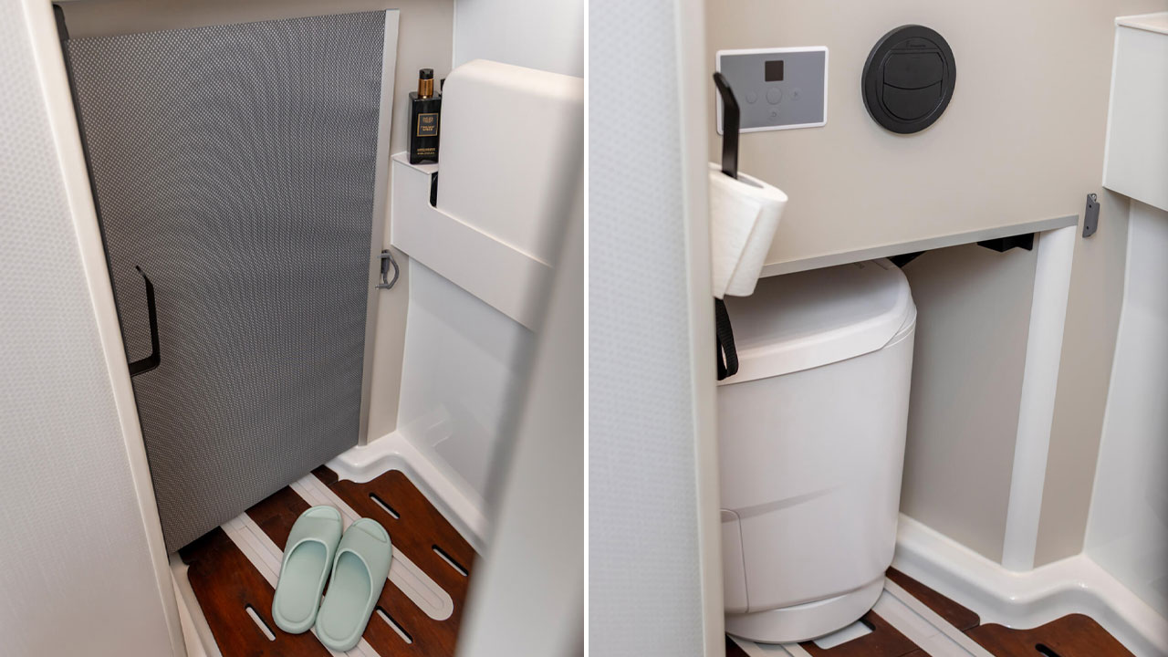 Westfalia Columbus Liner Luxury - Camper Van Features Rooftop Terrace Accessed from Bedroom - bathroom with shower and toilet