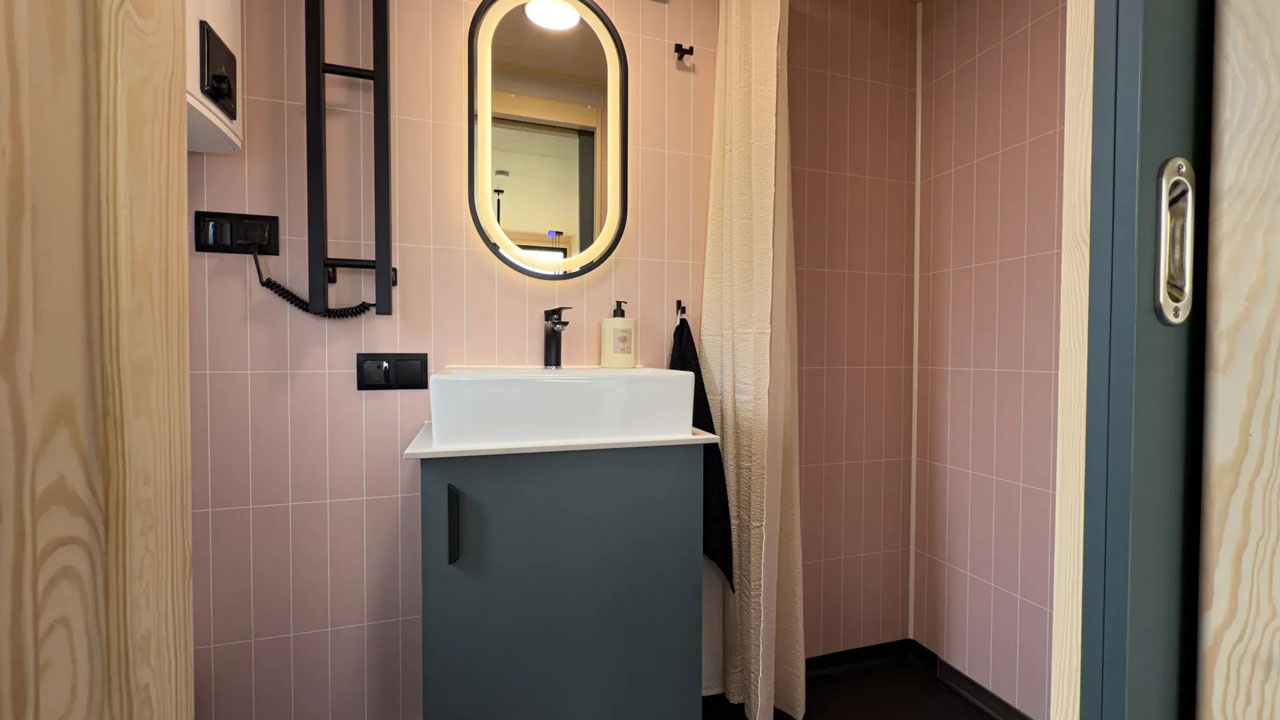 Wood Prestige Tiny House with pink bathroom