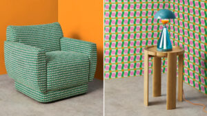 Yinka Ilori x Dunelm Home Collection Channels ’70s Retro Charm With Vibrant Colors Sweet Flows Woven Jacquard Swivel Chair and Bell Touch Dimmable LED Table Lamp